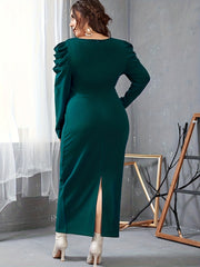 Solid Draped Long Sleeve V Neck Bodycon Midi Dress