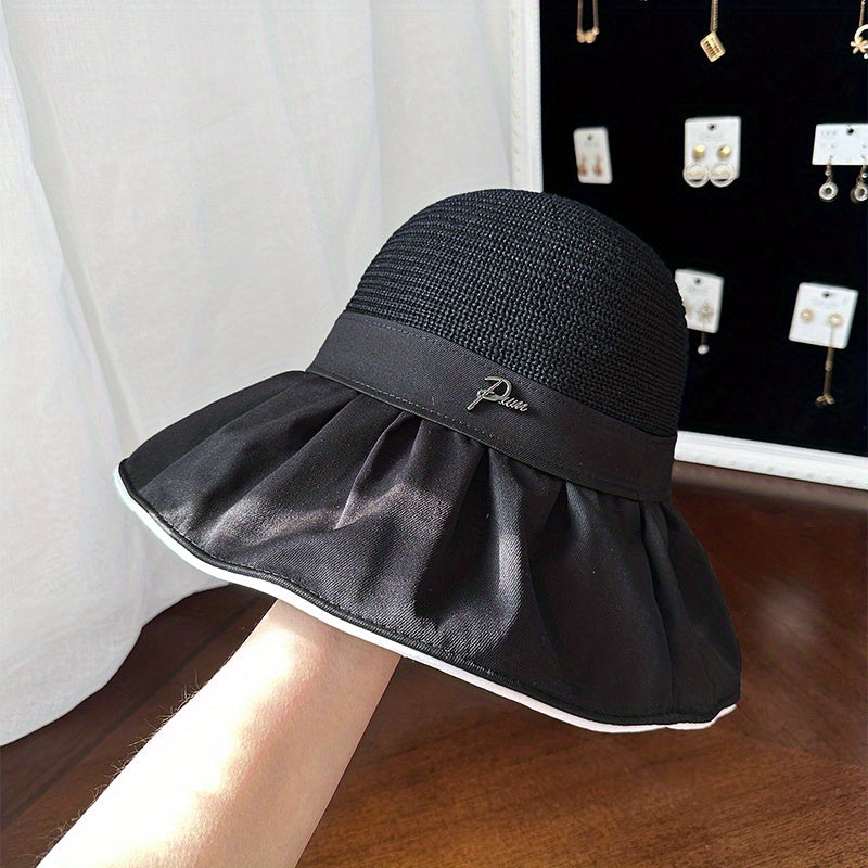 Pleated Stitching Bucket Hat Wide Brim Crochet Sun Hat Lightweight UV Protection