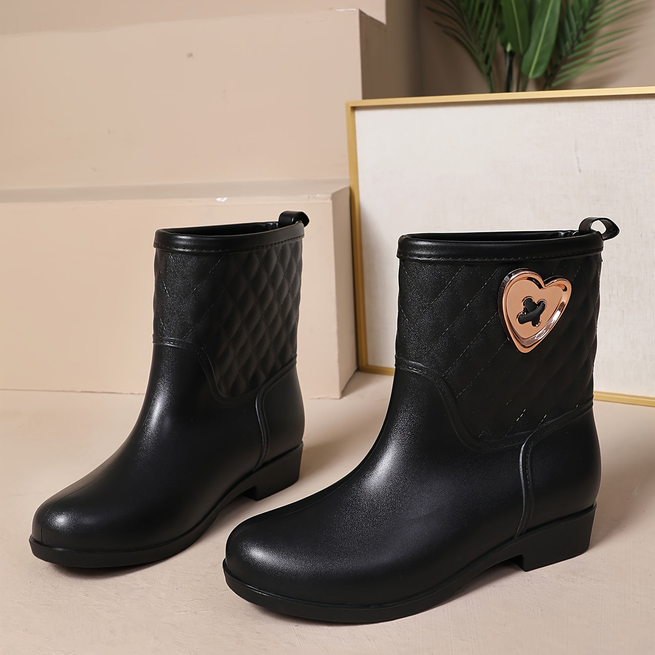 Women's Quilted Argyle Rain Boots with Heart Button Decor