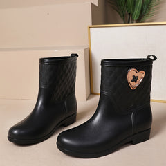 Women's Quilted Argyle Rain Boots with Heart Button Decor