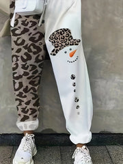 Colorblock Leopard & Snowman Print Fitness Pants