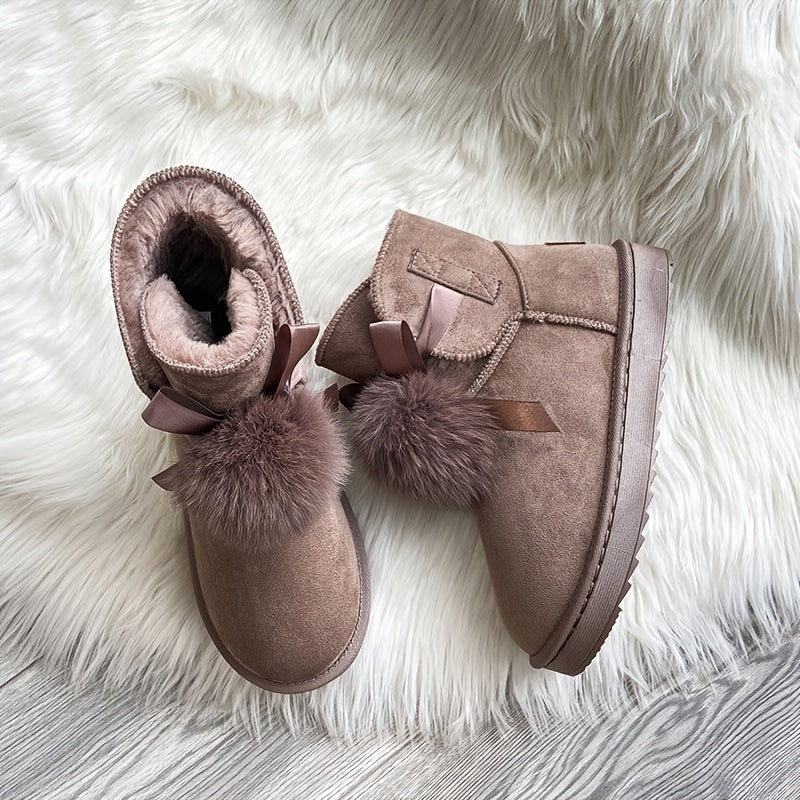 Plush Snow Boots Round Toe Bowknot Ankle Boots Women's Footwear
