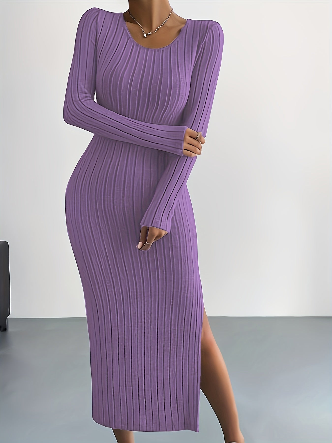 Ribbed Lounge Dress Long Sleeve Side Split