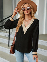 Colorblock Lace Long Sleeve V Neck Top