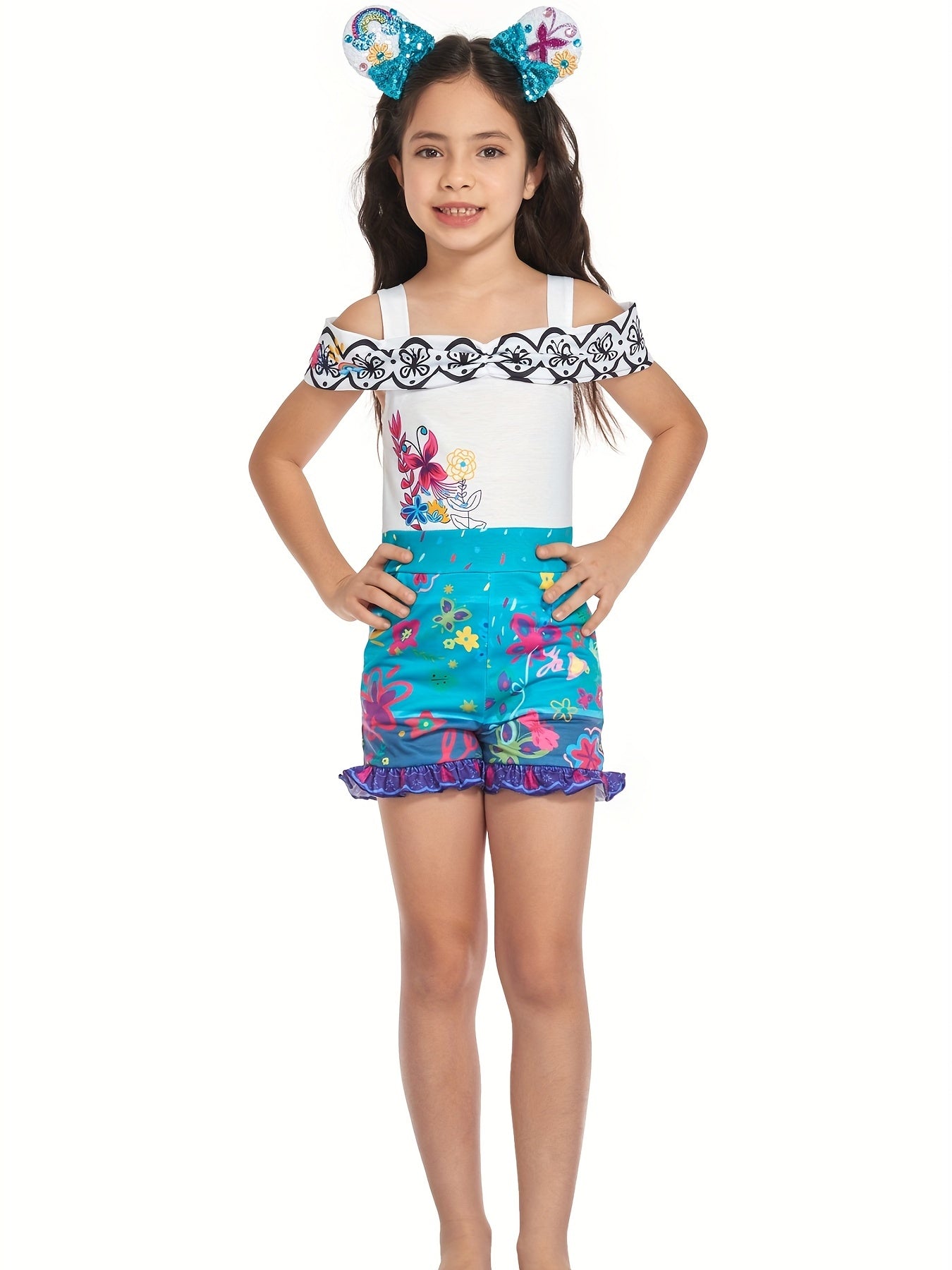 Girls Floral Off Shoulder Ruffle Jumpsuit Romper for Summer Costume
