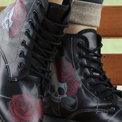 Women's Lace Up Combat Boots Rose & Skull Graphic Short Boots