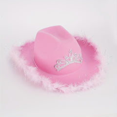 Y2K Pink Feather Cowgirl Hat Rhinestone Crown for Women