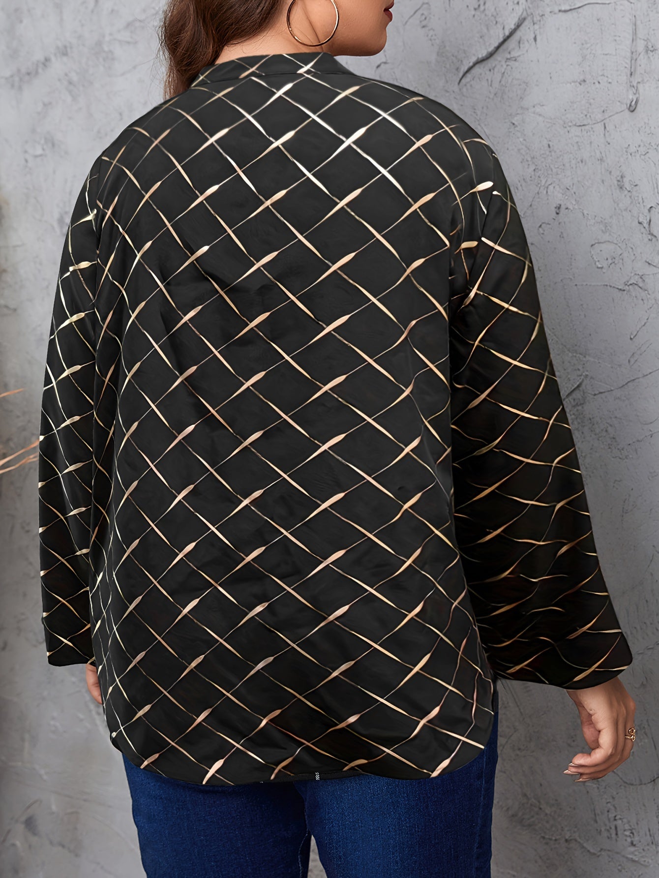 Golden Argyle Print Lantern Sleeve Loose Fit Shirt Top