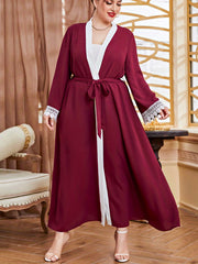 Boho Abaya Robe Plus Contrast Lace Long Sleeve Open Front Robe Arabian Dress