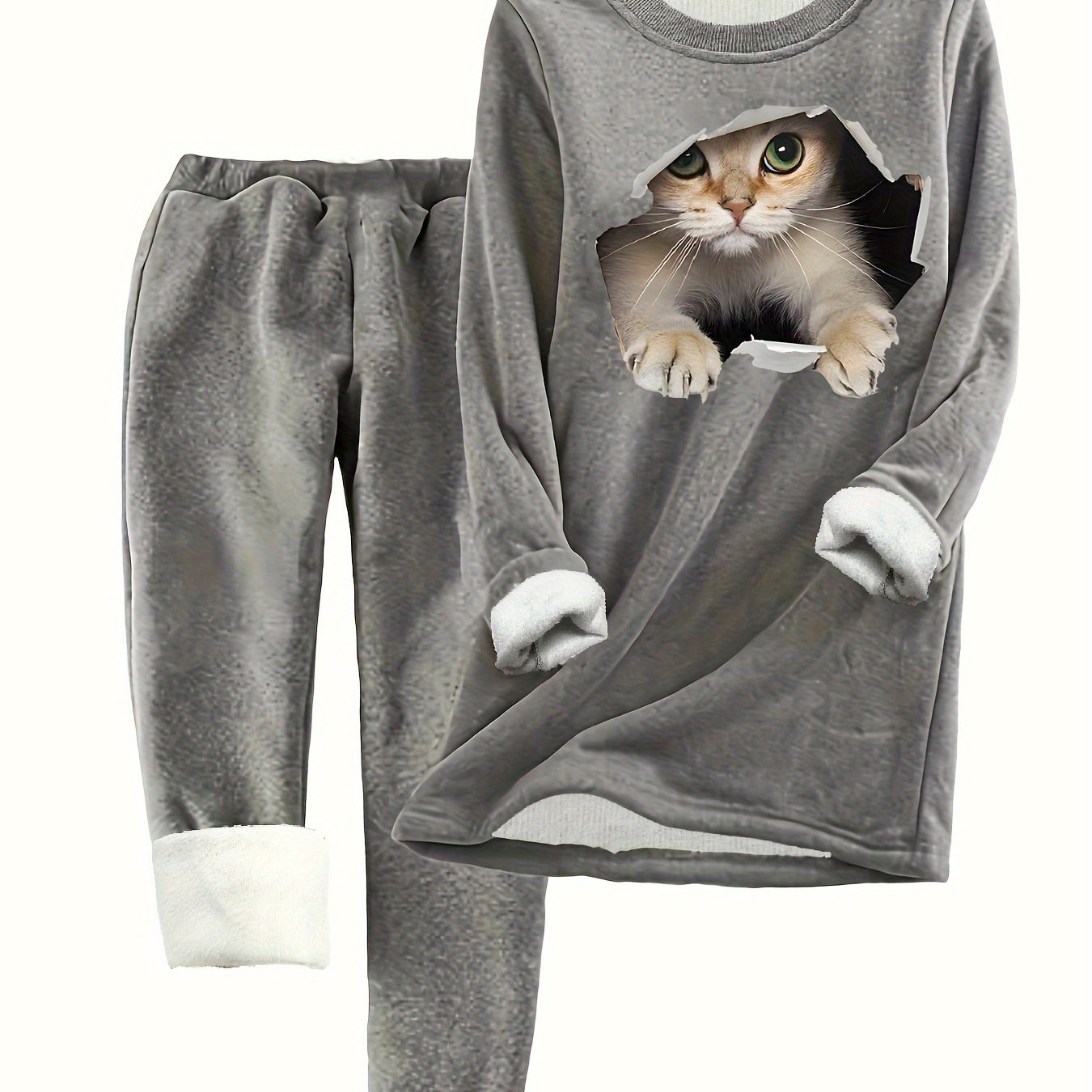 Cat Print Fleece Top & Joggers 2 Piece Set