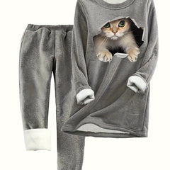 Cat Print Fleece Top & Joggers 2 Piece Set