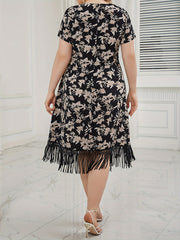 Floral Print Short Sleeve Midi Dress with Fringe Trim