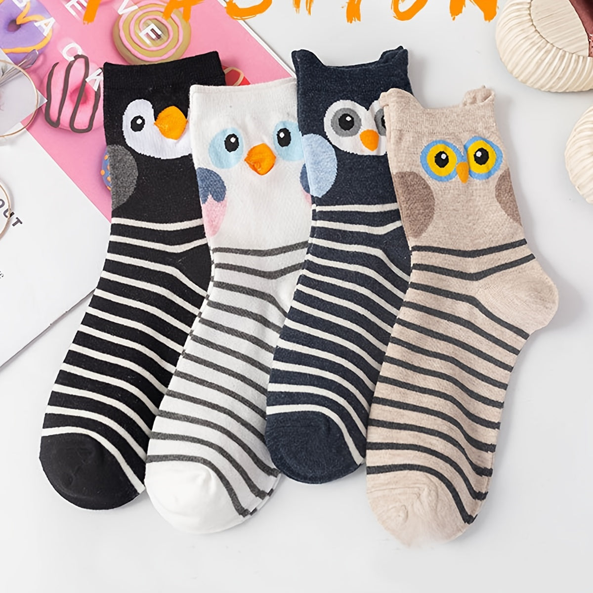4 Pairs Striped Owl Geometric 3D Textured Women's Socks