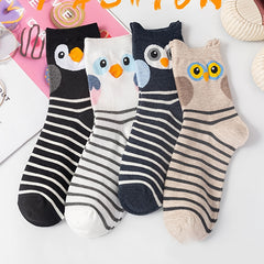 4 Pairs Striped Owl Geometric 3D Textured Women's Socks