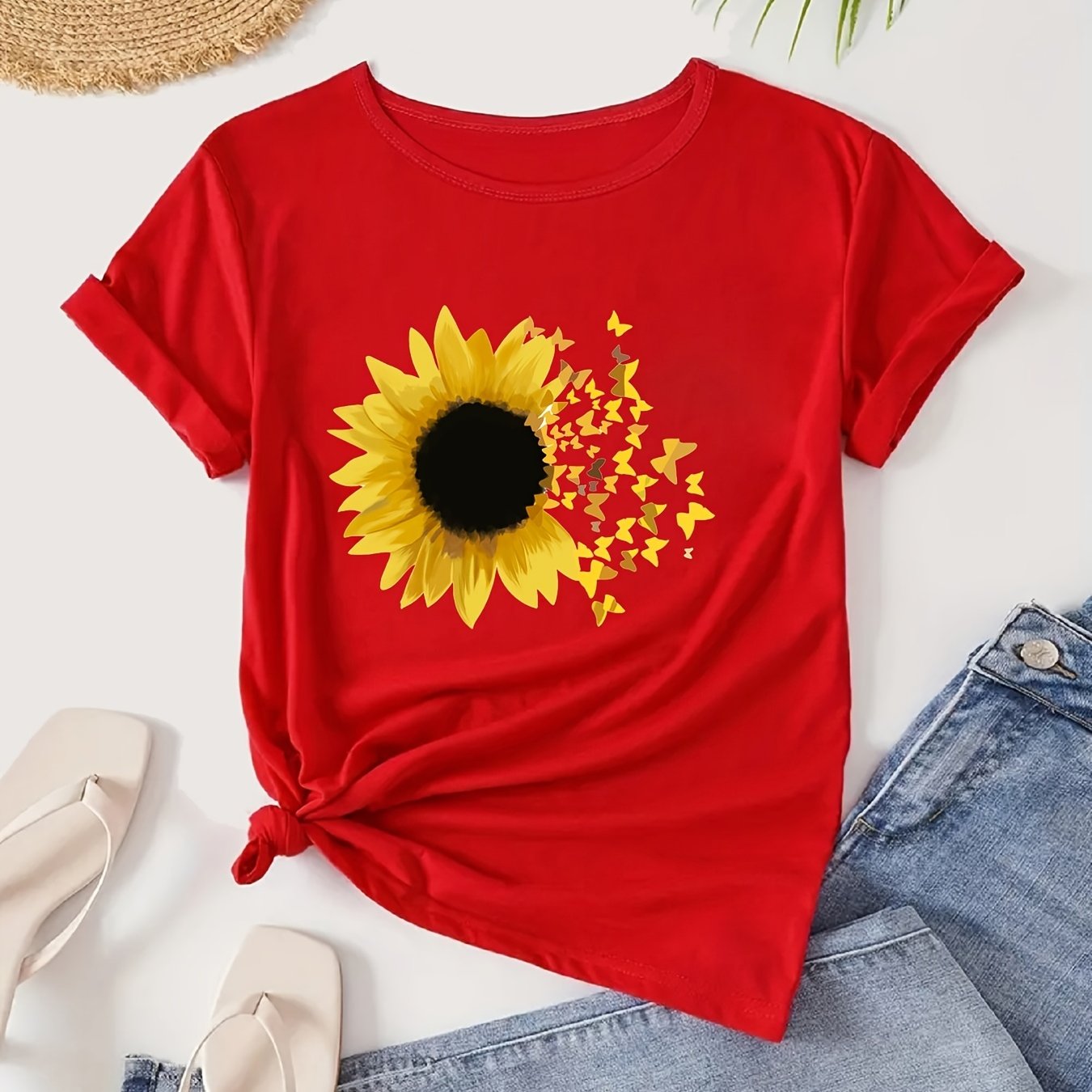Sunflower Graphic Sports T-shirt Butterfly Print Casual Top