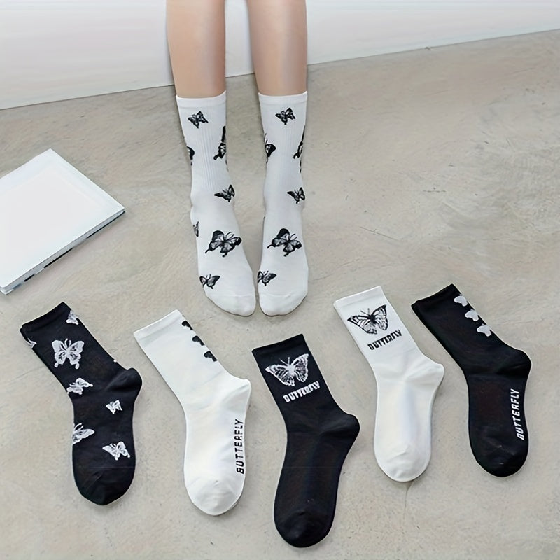 6 Pairs Butterfly Print Ribbed Socks Women's Mid Tube Stockings