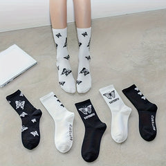6 Pairs Butterfly Print Ribbed Socks Women's Mid Tube Stockings