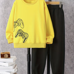 Boy's Gamepad Print Sweatshirt & Pants Set for Spring Fall