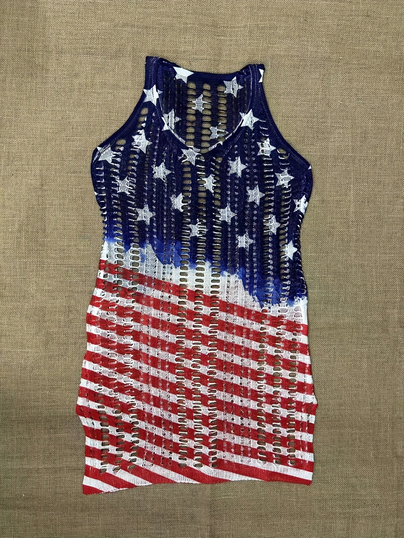Star Flag Print Hollow Out Dress V Neck See Through Crochet Cover Up Dress