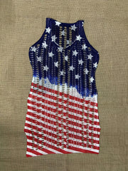 Star Flag Print Hollow Out Dress V Neck See Through Crochet Cover Up Dress