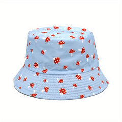 Red Mushroom Print Bucket Hat Solid Reversible Fisherman Cap