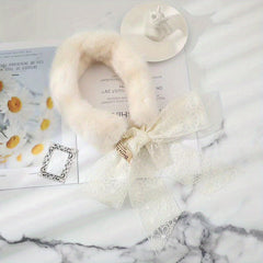 Rabbit Fur Neck Scarf Lace Small Scarf Bow Tie Solid Warm For Women