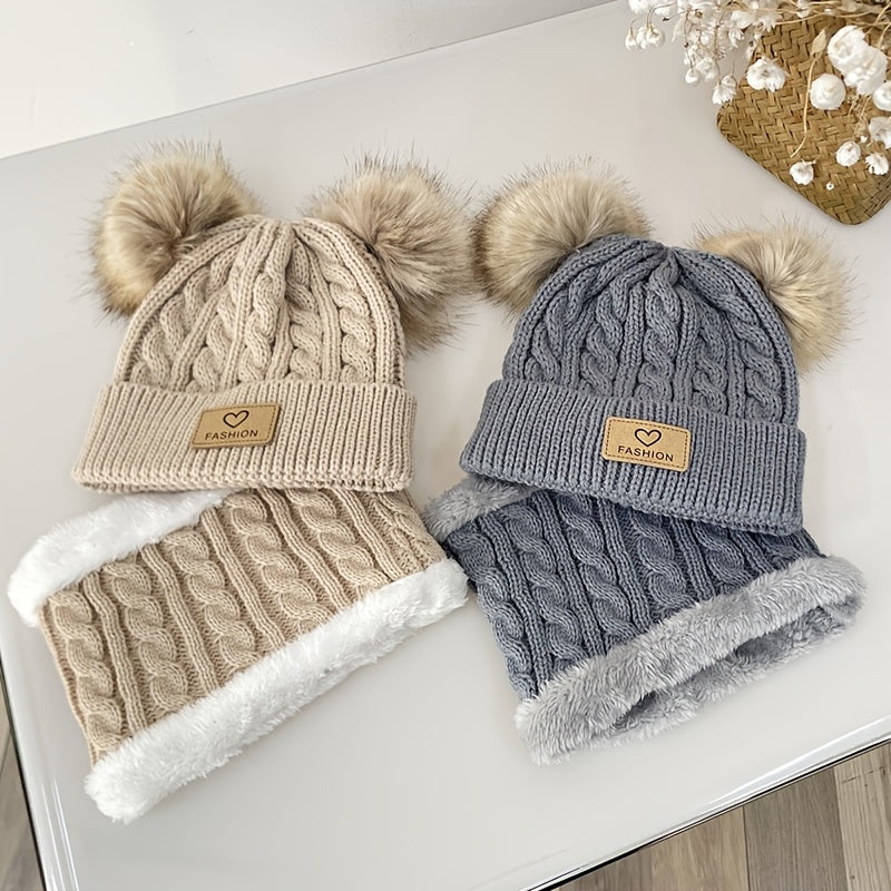 2pcs Baby Knit Scarf Hat Set Pom Pom Beanie Cap & Plush Warm Ring Neck Scarf