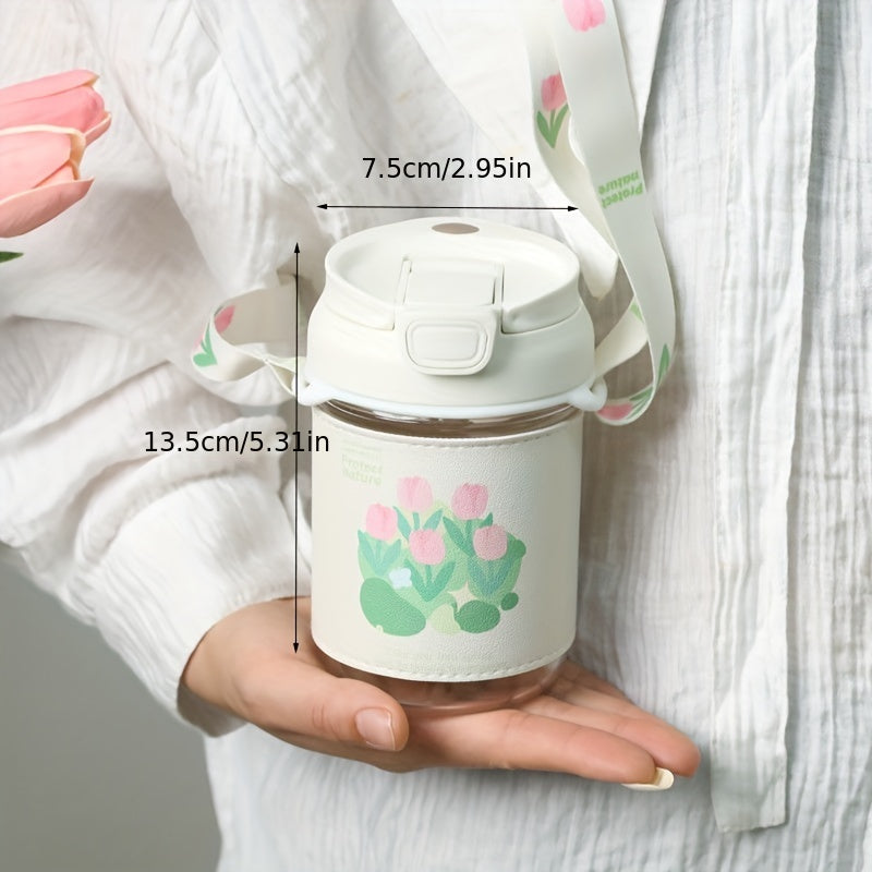 400ml Handheld Water Cup Tulip Printed Cover Leakproof Glass Cup