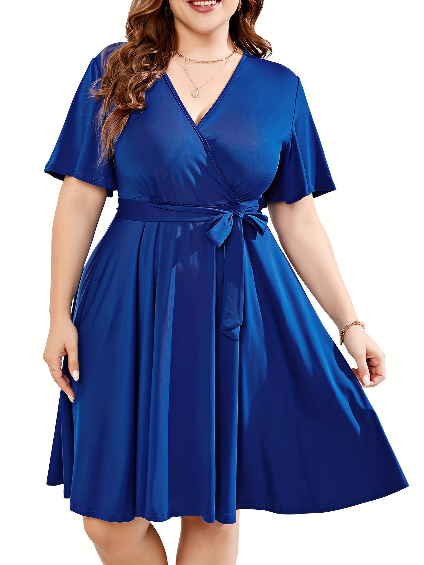 Solid Flutter Sleeve Stretch Midi Dress With Belt
