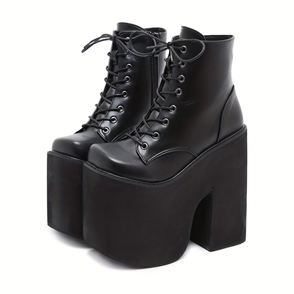Y2K Style Short Boots Square Toe Lace Up Platform Shoes