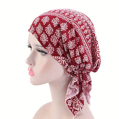 Pre tied Printed Turban Cap Elastic Head Wrap Vintage Beanie Chemo Hats
