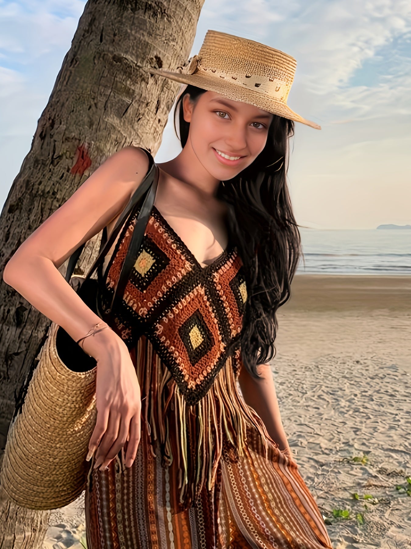 Crochet Beachwear Top Fringe Trim Hollow Out V Neck Cami Women's Swimwear