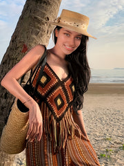 Crochet Beachwear Top Fringe Trim Hollow Out V Neck Cami Women's Swimwear