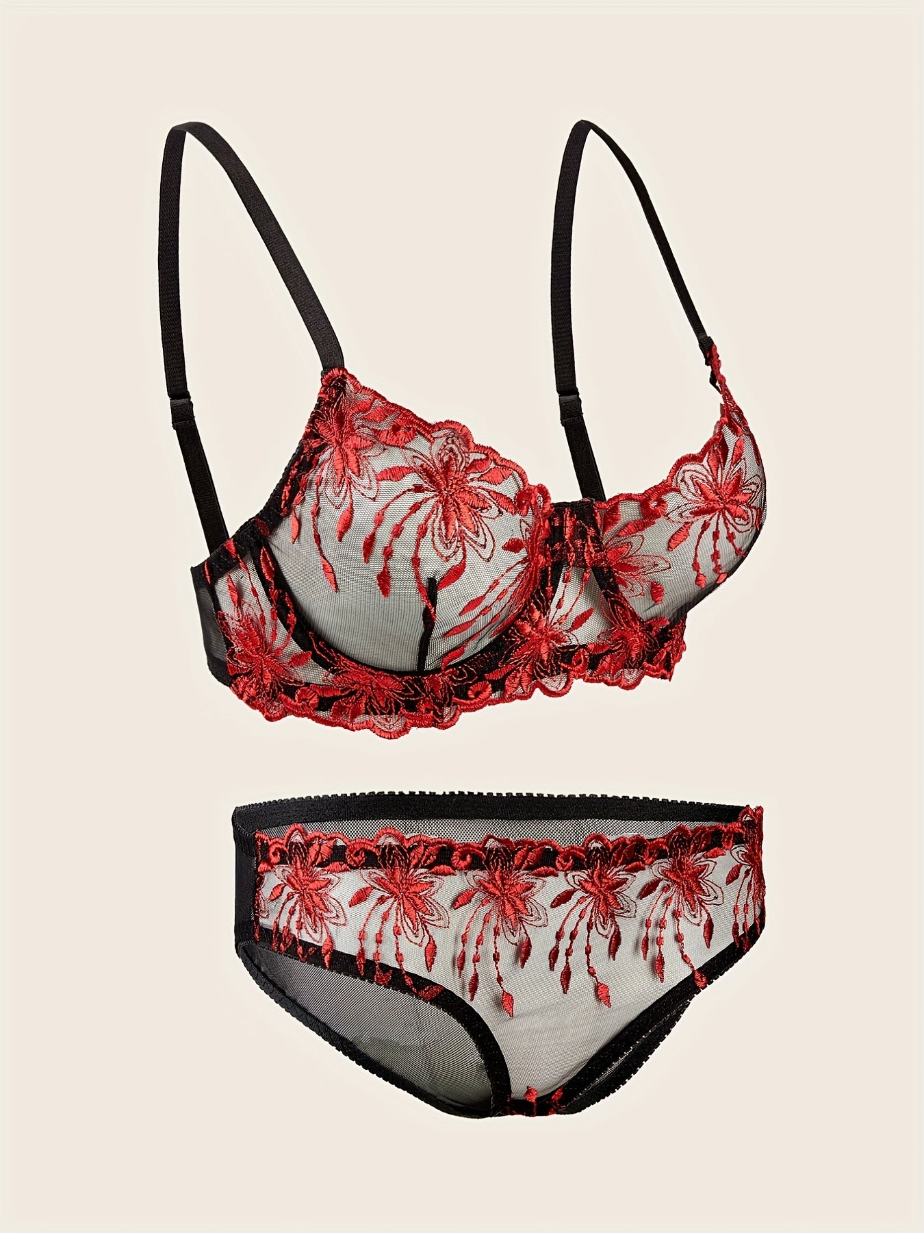 Floral Lace Lingerie Set Sheer Unlined Bra & Mesh Panties