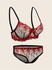 Floral Lace Lingerie Set Sheer Unlined Bra & Mesh Panties