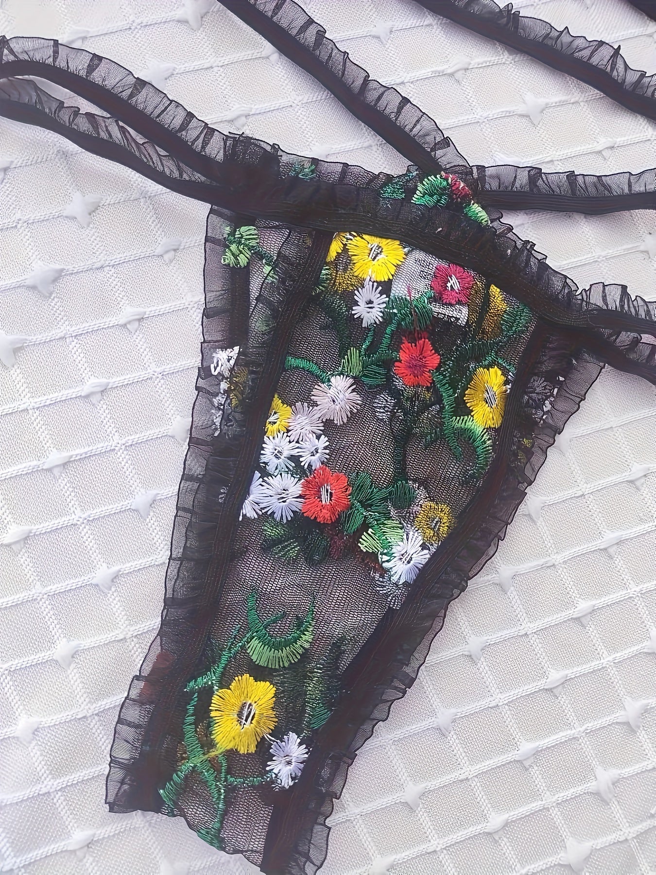 Floral Embroidery Lingerie Set Ruffle Mesh Bra & Cut Out Panties