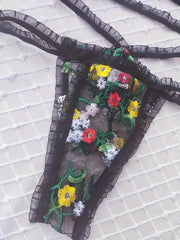 Floral Embroidery Lingerie Set Ruffle Mesh Bra & Cut Out Panties