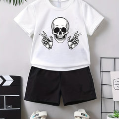 Boy's Happy Skull Print 2pcs Set: T-shirt & Shorts