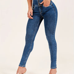 High Waist Skinny Jeans button Solid Denim Pants