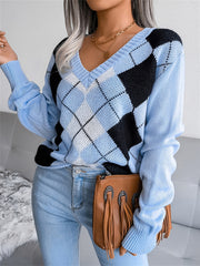 Argyle Print V Neck Long Sleeve Sweater Women's Clothing