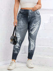 Denim Print Slim Pants Casual High Waist Long Length