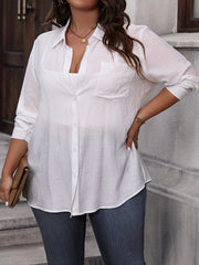 Solid Button Up Long Sleeve Sheer Blouse