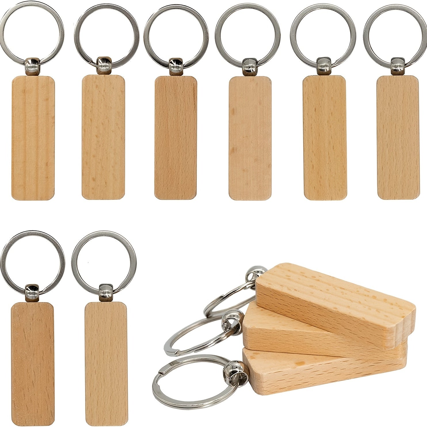 3pcs Wooden Keychain Blanks Rectangle Shape Engravable Portable Key Rings
