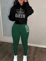 Women's Plus Crown & Letter Print Hoodie & Joggers Outfit Set