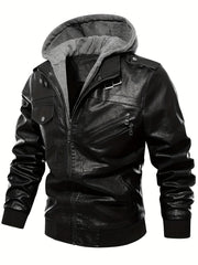 Men's PU Leather Hooded Jacket for Outdoor Cycling