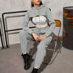 Casual Solid Two-piece Set Cropped Drawstring Hoodies & Jogger Pants