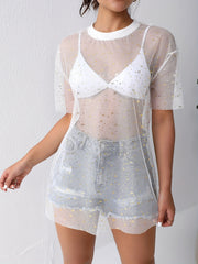Solid Star Pattern Cover Up Shirt Mesh Top Women's Swimwear