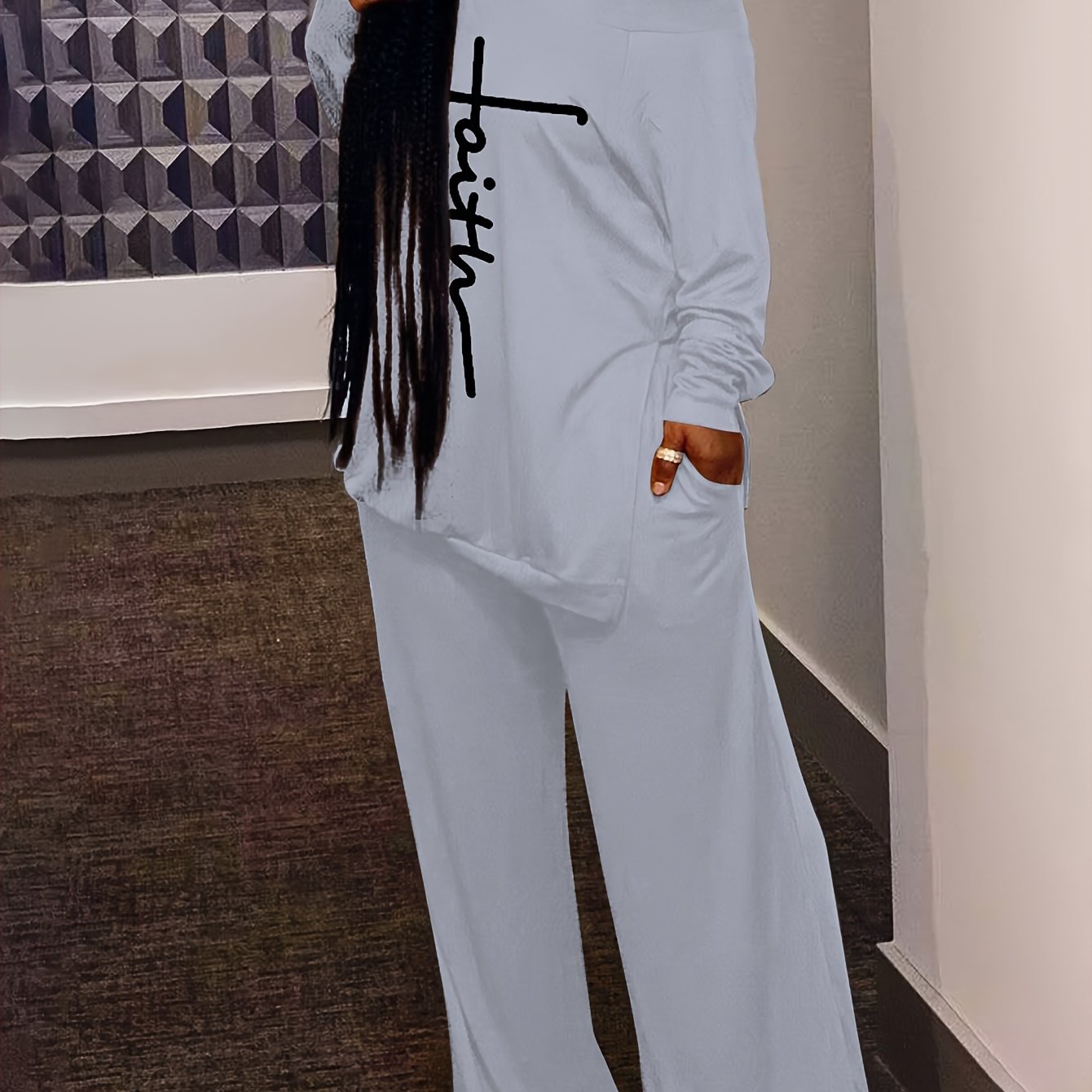 Letter Print Long Sleeve Top & Wide Leg Pants Set