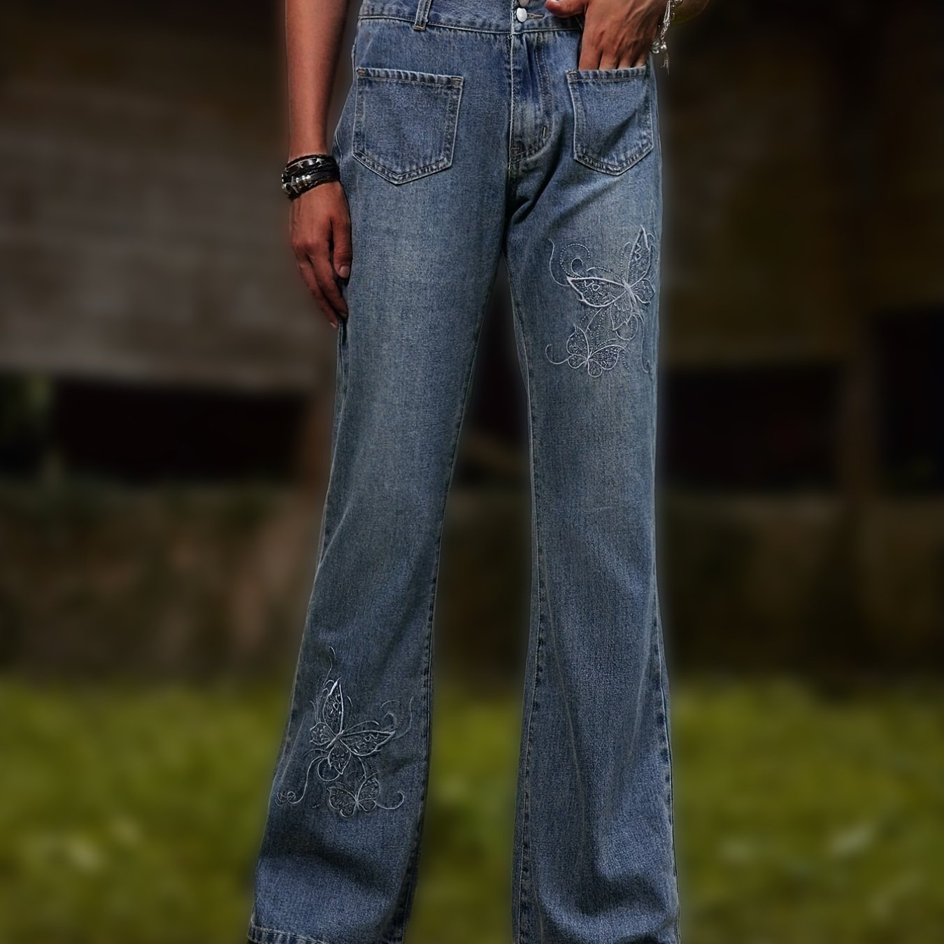 Butterfly Embroidery Flare Leg Jeans Bell Bottoms Denim Pants