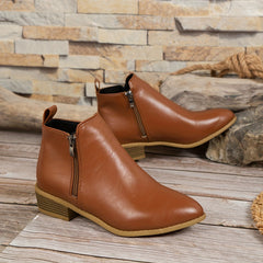 Chunky Heel Ankle Boots Double Zipper Pointed Toe Shoes